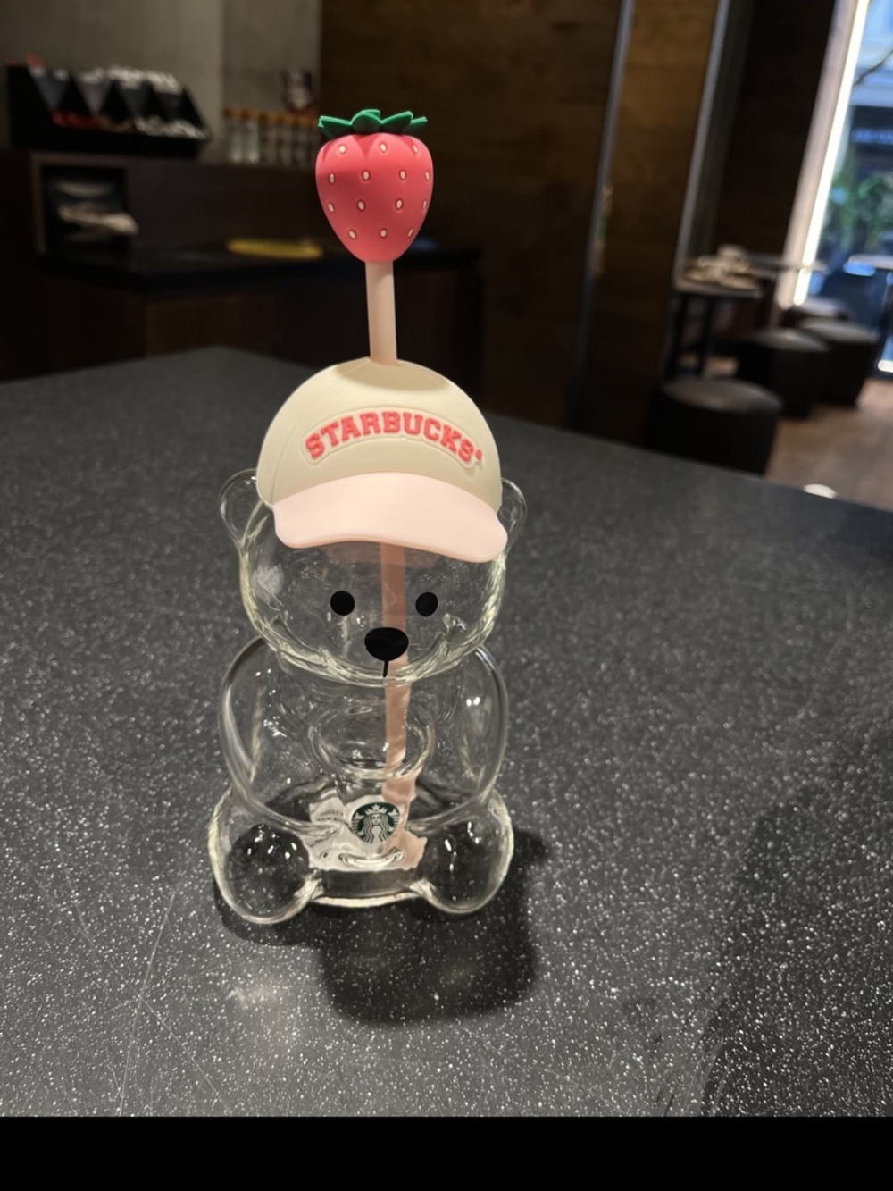 Starbucks Clear Bear Straw Bottle with Pink Cap and Strawberry Topper